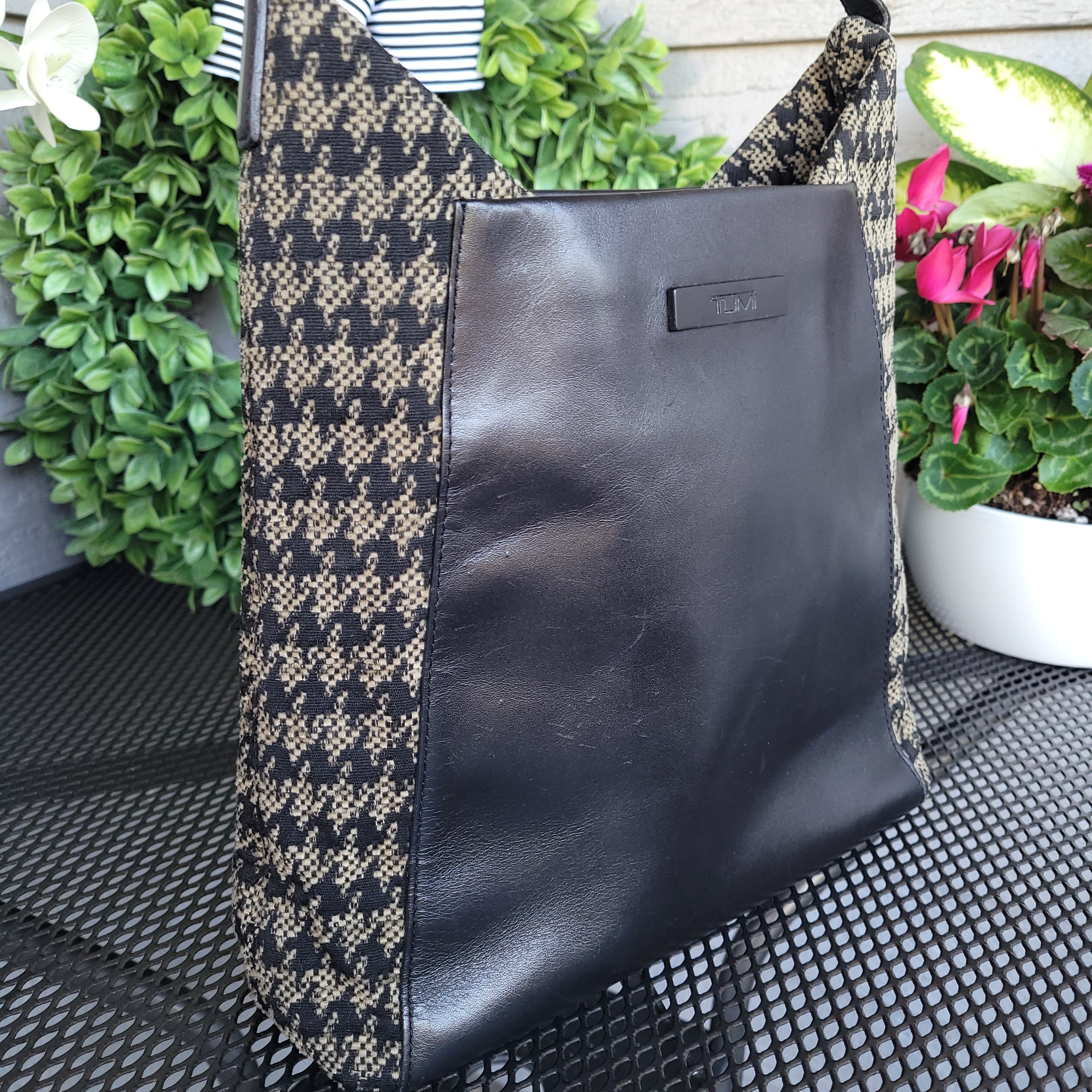 Tumi Black And Brown Houndstooth Canvas & Leather Tote